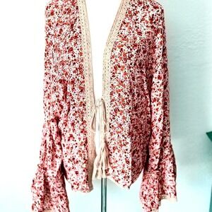 Nalini OS Earthy Floral Gold Thread Bell Sleeve Lace Trim Tassel Tie FairyCore